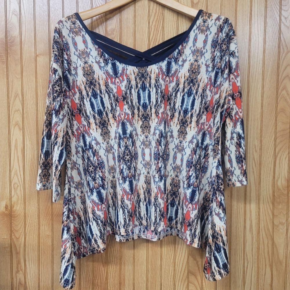 Roper Womens Large Southwestern Ikat Glitter Strappy Back Sharkbite Top Blue L
